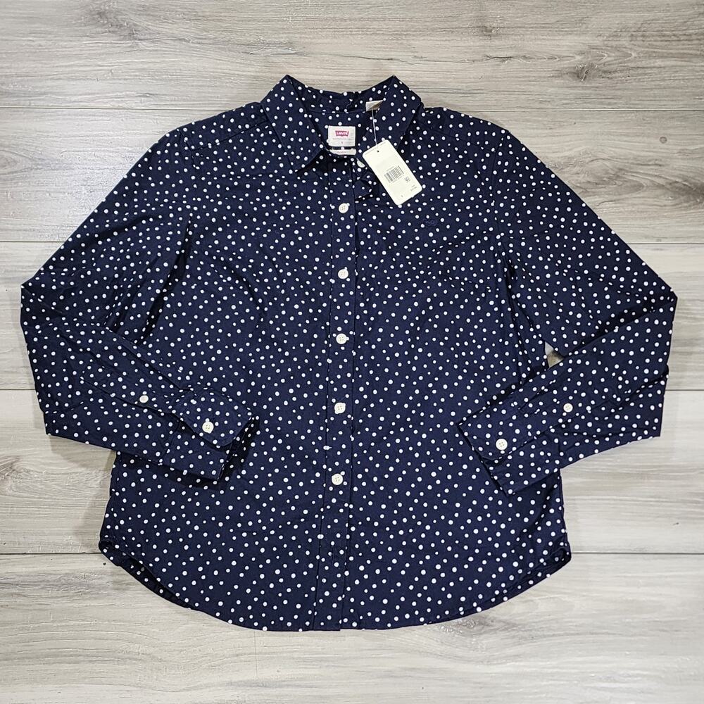 Levi's Classic Shirt Women's Small Navy Polka Dot Long Sleeve New